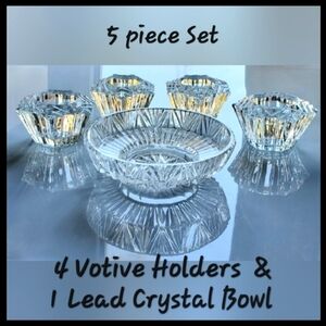 5pc "Prism" Crystal (4) Votive Holders & (1) 6" Crystal Bowl/Pillar🕯 Holder